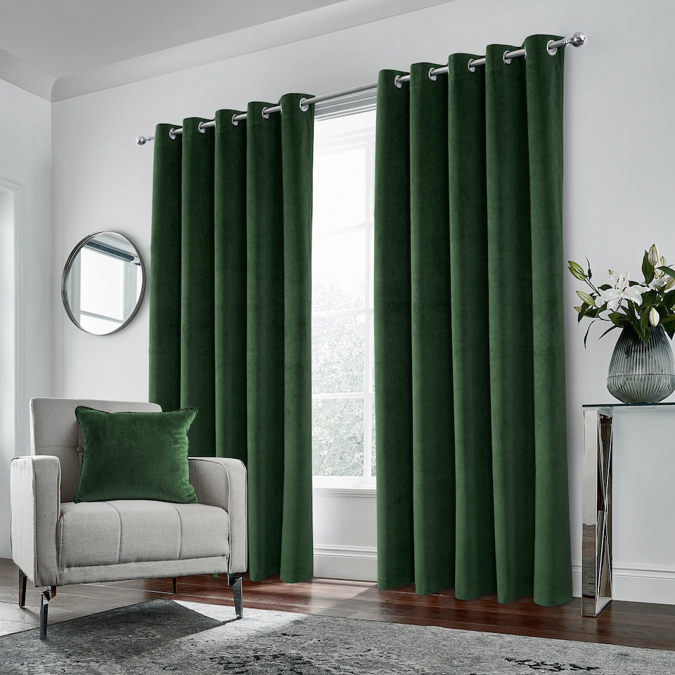 image 1 of Luxury Enhanced Living Green Velvet, Supersoft, 100% Blackout, Thermal Pair of Curtains with Eyelet Top - 90 x 72 inch (229x183cm)