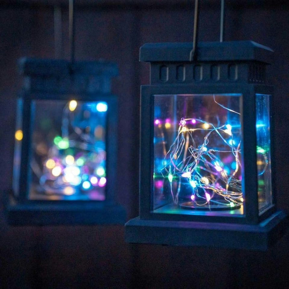 image 1 of ValueLights Solar Lantern Pair of Matte Black Lantern with Clear Rectangular Shade and Integrated LED 1W Multicolour Bulb