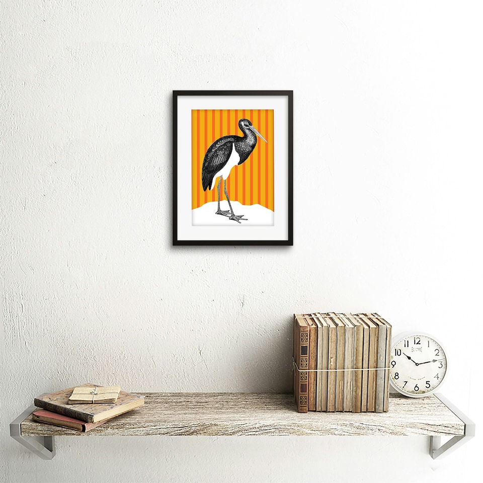 image 1 of Stork Bird Orange Stripes Modern Bold Animal 9x7" Black Framed Wall Art Print