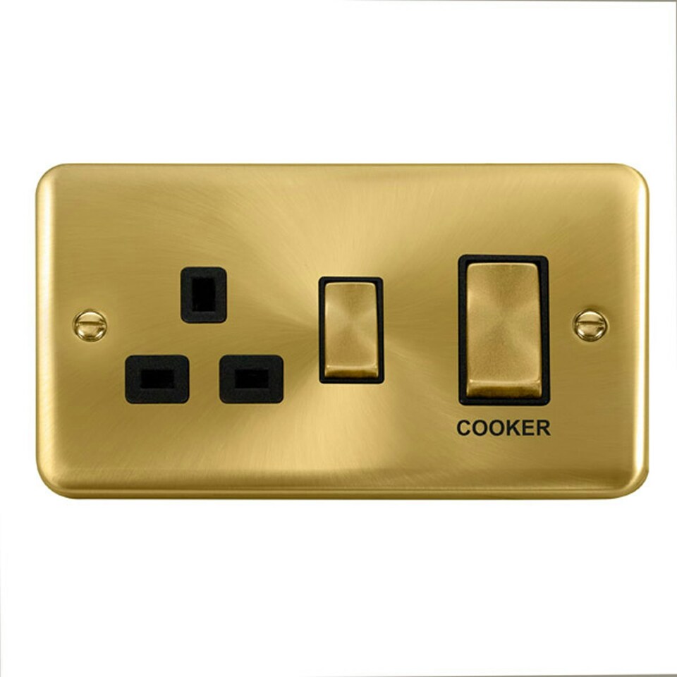 SE HOME Curved Satin Brass Cooker Control Ingot 45A With 13A Switched Plug Socket Black | Satin Brass
