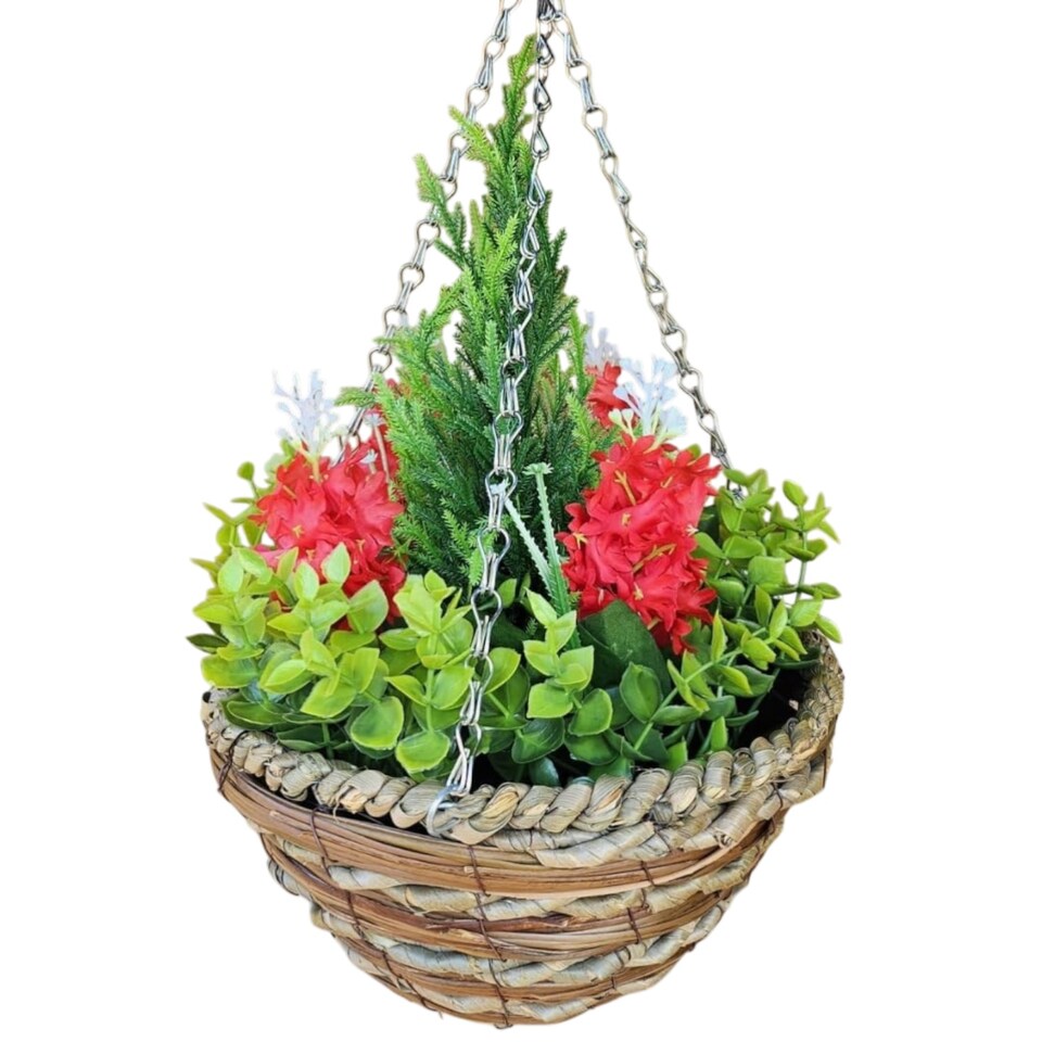 image 1 of Best Artificial 25cm / 10 Inch Red Hyacinth Hanging Basket - Suitable for Outdoor Use - Weather & Fade Resistant | Red | Red | 1