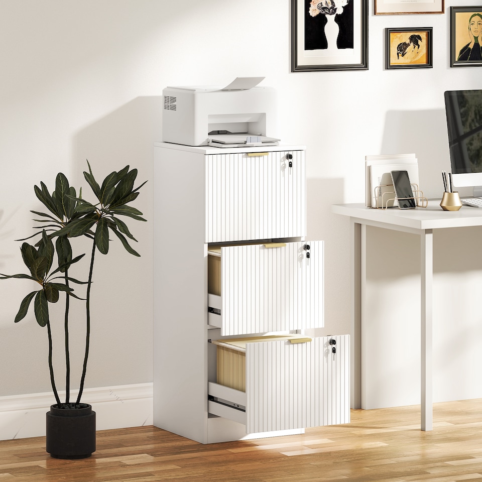 image 1 of Filing Cabinet, File Cabinet with 3 Lockable Drawers and Hanging Rails | White