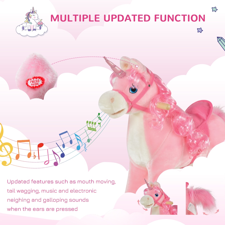 image 1 of HOMCOM Kids Plush Rocking Horse Ride On Unicorn with Sound Moving Mouth Wagging Tail Children Rocker Toy Gift 3-6 Years Pink
