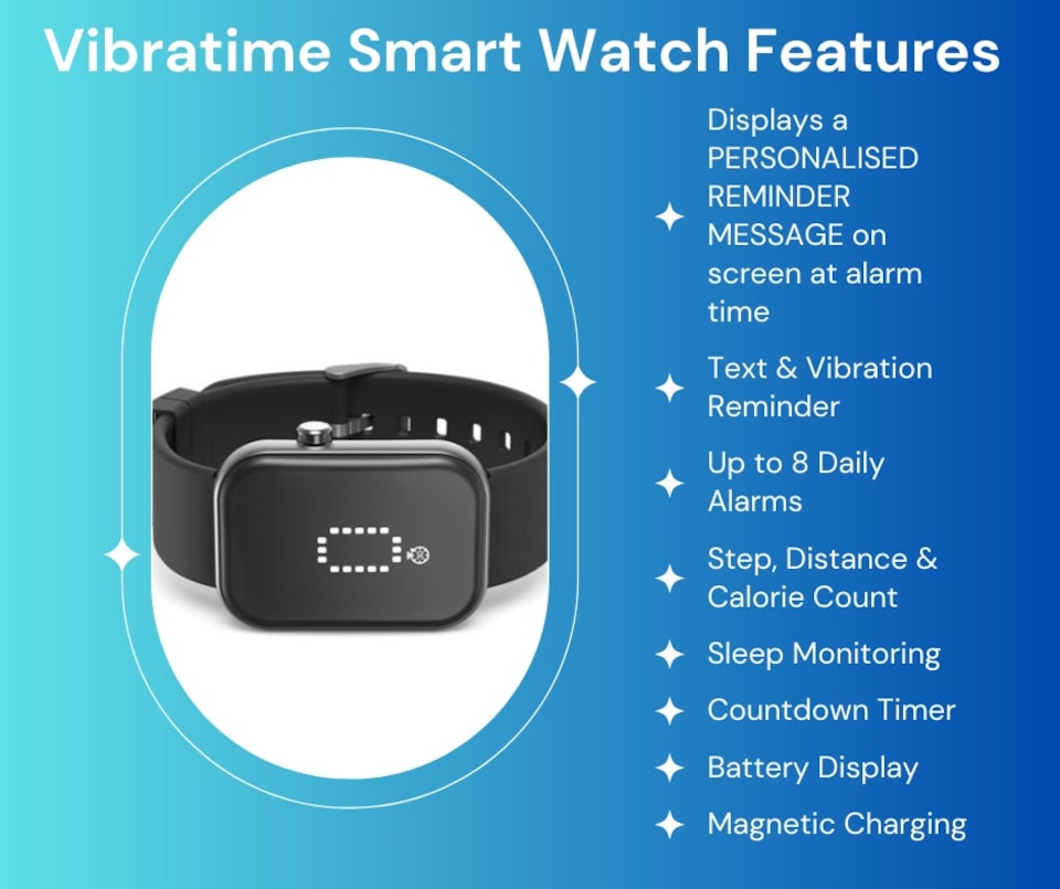 image 1 of Pivotell Vibratime Smart Pill Reminder Watch: Vibrating Pill Reminder Daily Alarm Watch with PERSONALISED MESSAGE on screen at alarm time