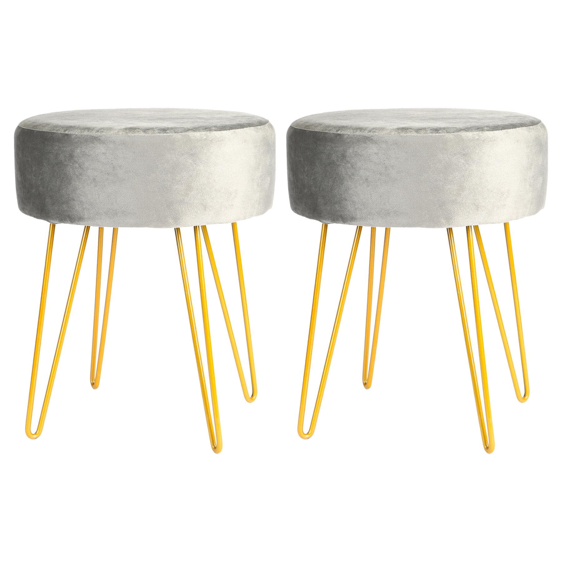 Harbour Housewares 2x Velvet Footstools - Round Modern Dressing Table Footstool Vanity Seat Chairs - 40 x 35cm - Grey/Gold Grey Grey/Gold Pack of 2 2