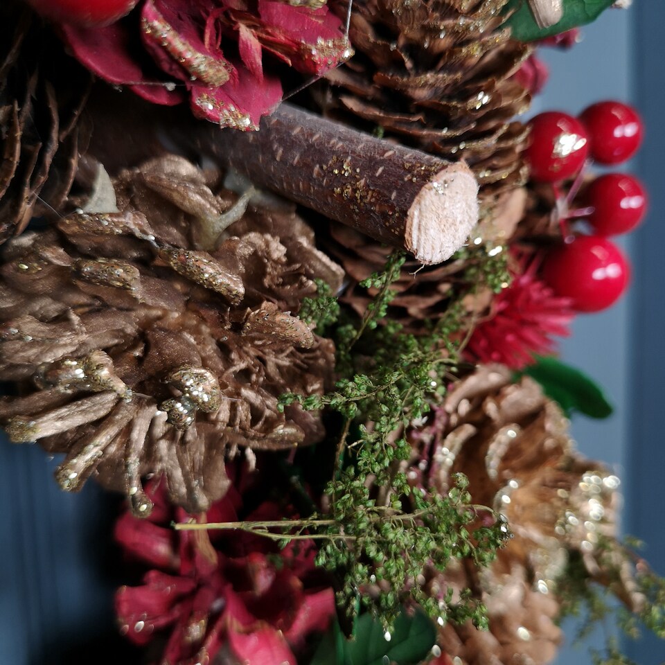 image 1 of 36cm Christmas Wreath in Gold & Red with Pine Cones and Berries