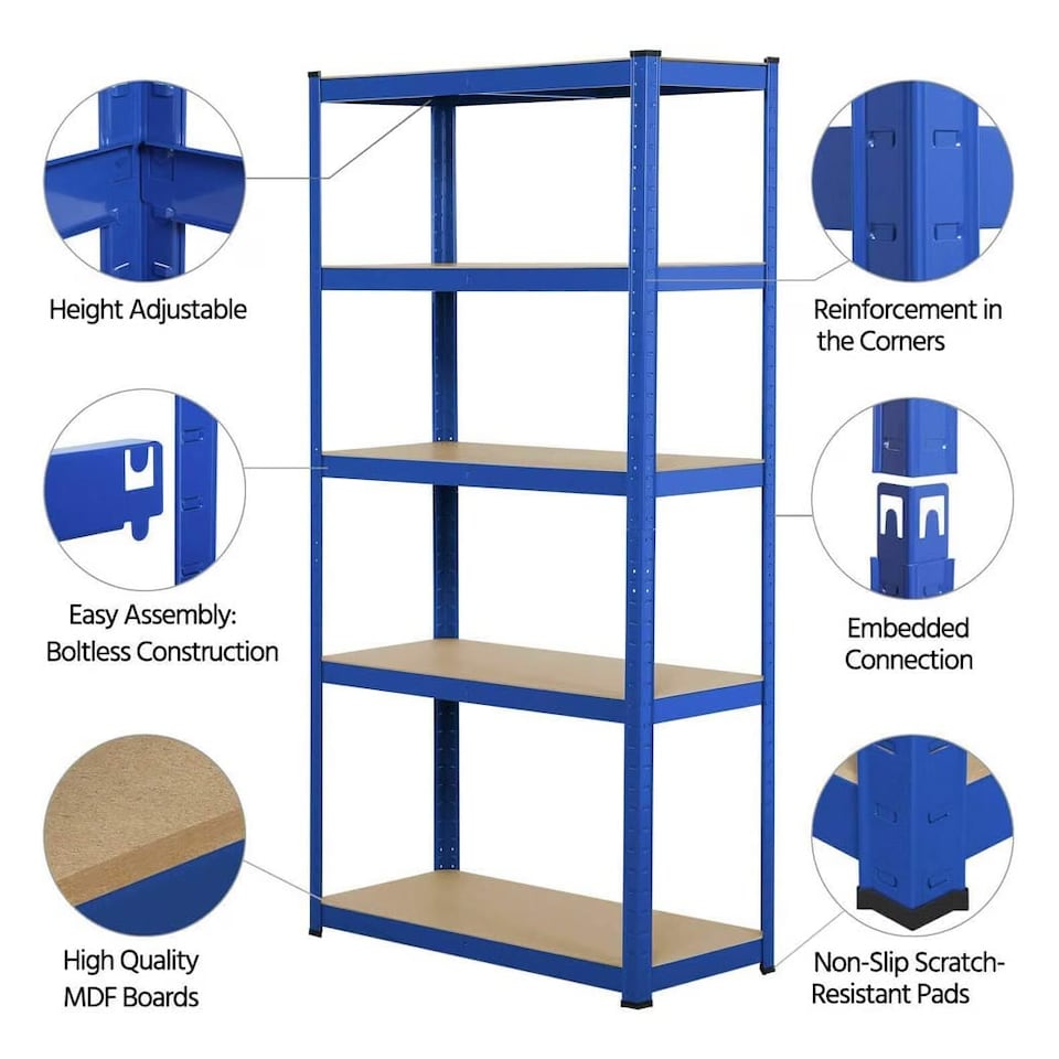 image 1 of Shelving Unit Blue Boltless Heavy Duty 5 Tier  – 180cm Tall, 375kg Capacity Garage Racking