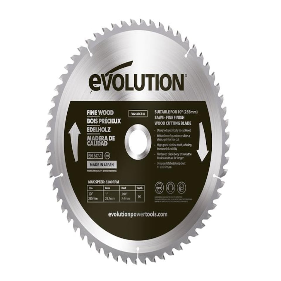 Evolution Fine Wood Mitre/Table Saw Blade 255 x 25.4mm x 60T