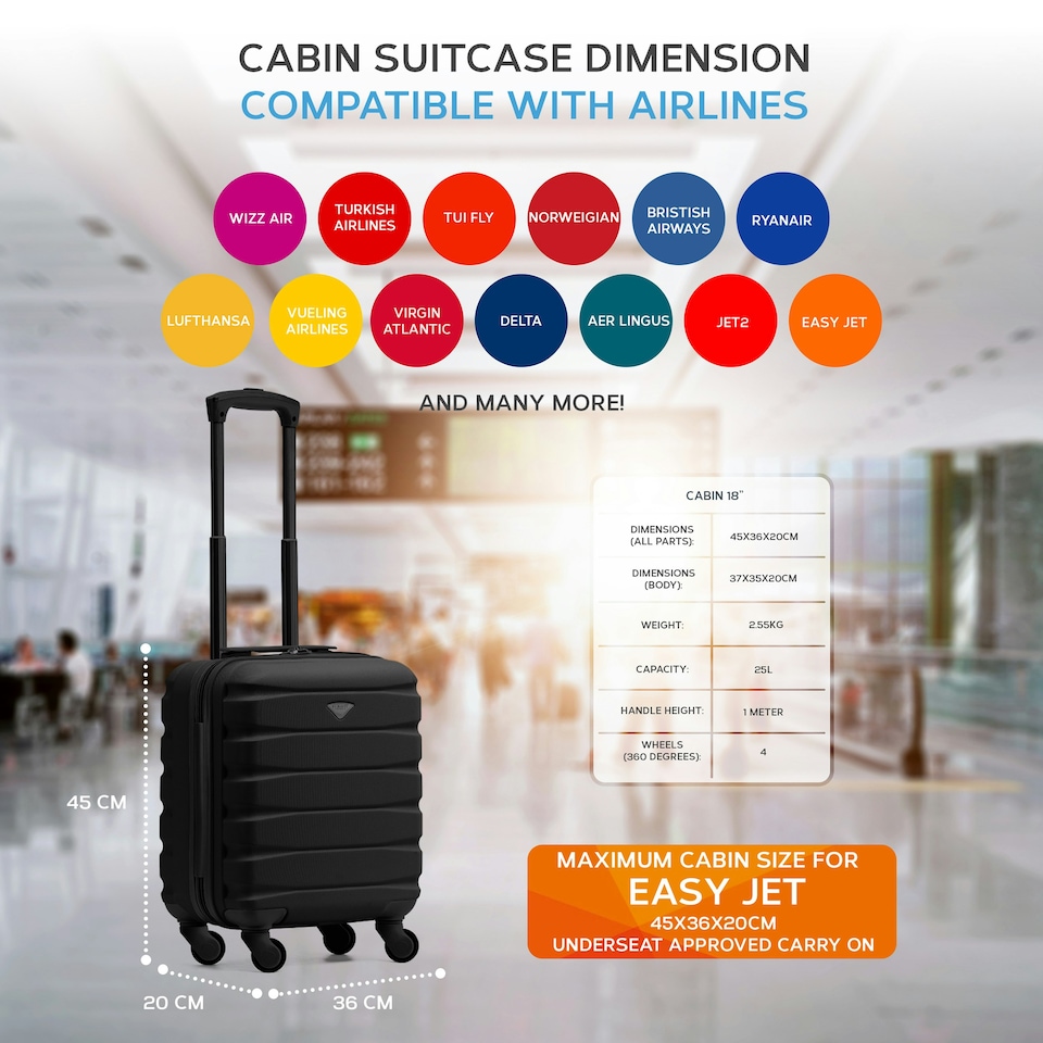 image 1 of 45x36x20cm EasyJet Free Underseat Carry-On Cabin Bag - Lightweight 4 Wheels ABS Hard Shell Suitcase Black | Black/Tan | Cabin Bag