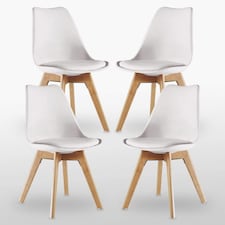 Set of 4 Scandinavian Dining Chairs with Leather Cushions Solid Wood Legs White