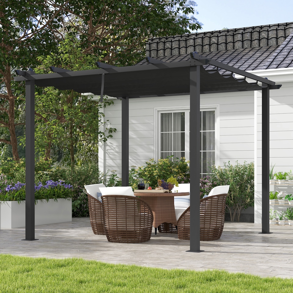 image 1 of Outsunny 3 x 3m Pergola with Retractable Roof, Aluminium Frame Garden Gazebo Canopy Outdoor Sun Shade Shelter for Grill, Patio, Deck, Dark Grey