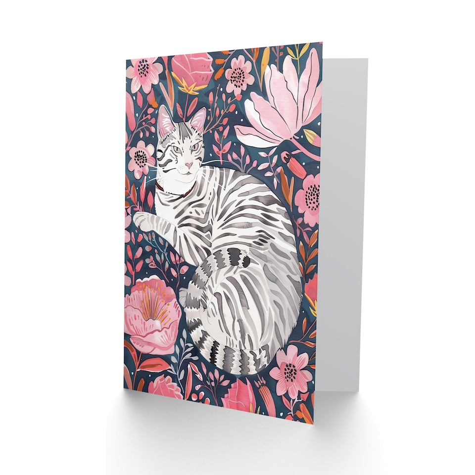 image 1 of Greeting Card Striped Cat Laying in Pink Wildflowers Watercolour