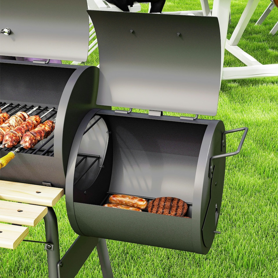 image 1 of Outsunny Portable Charcoal BBQ Grill Steel Offset Smoker Combo Backyard | Black | Black