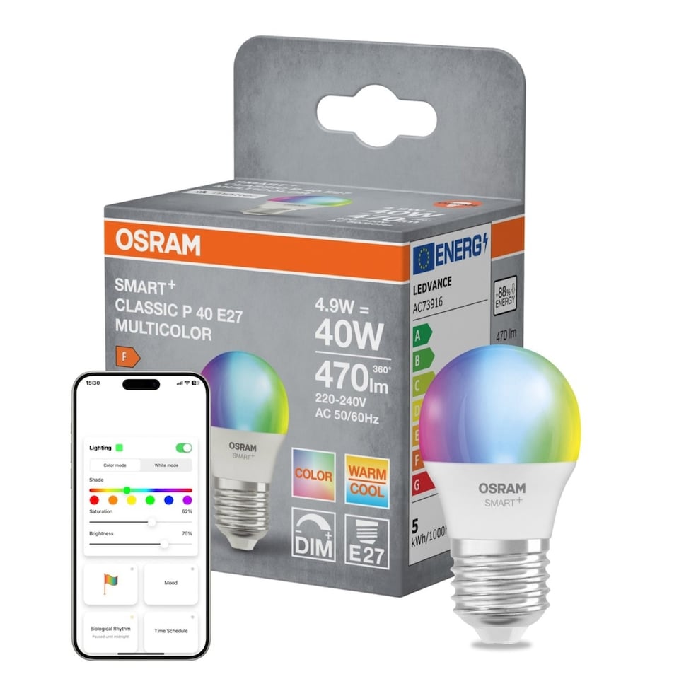 Osram Smart+ Matter E27 Classic P40 Multicolour RGBW Light Bulb 4.9W 4 ...