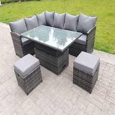 Fimous High Back Corner Rattan Garden Furniture Sofa Dining Rising Table Height Adjustable 8 Seater 2 Small Foot Stools