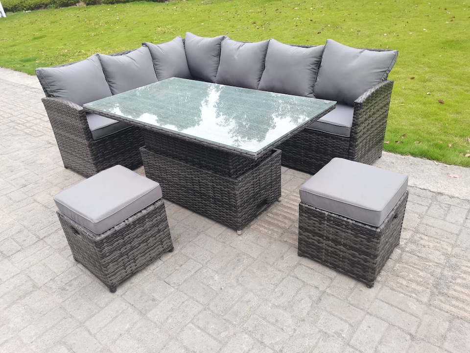 image 1 of Fimous High Back Corner Rattan Garden Furniture Sofa Dining Rising Table Height Adjustable 8 Seater 2 Small Foot Stools