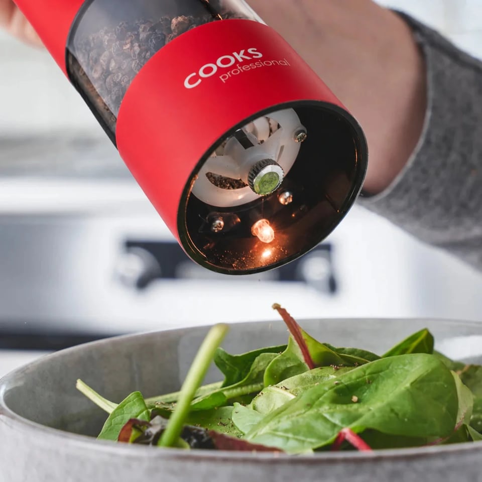 image 1 of Cooks Professional Electric Salt & Pepper Mill - Stainless Steel Automatic Grinder | Red | Red