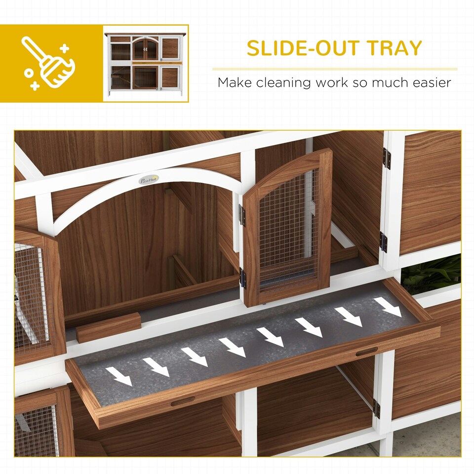 image 1 of PawHut Rabbit Hutch, Guinea Pig Hutch 2-Tier Wooden Cage w/ Ramp Roof, Brown