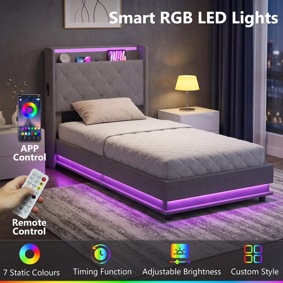 image 1 of HOMCOM Lift up Storage Bed Frame with RGB LED Lights, 90 x 190cm, Dark Grey