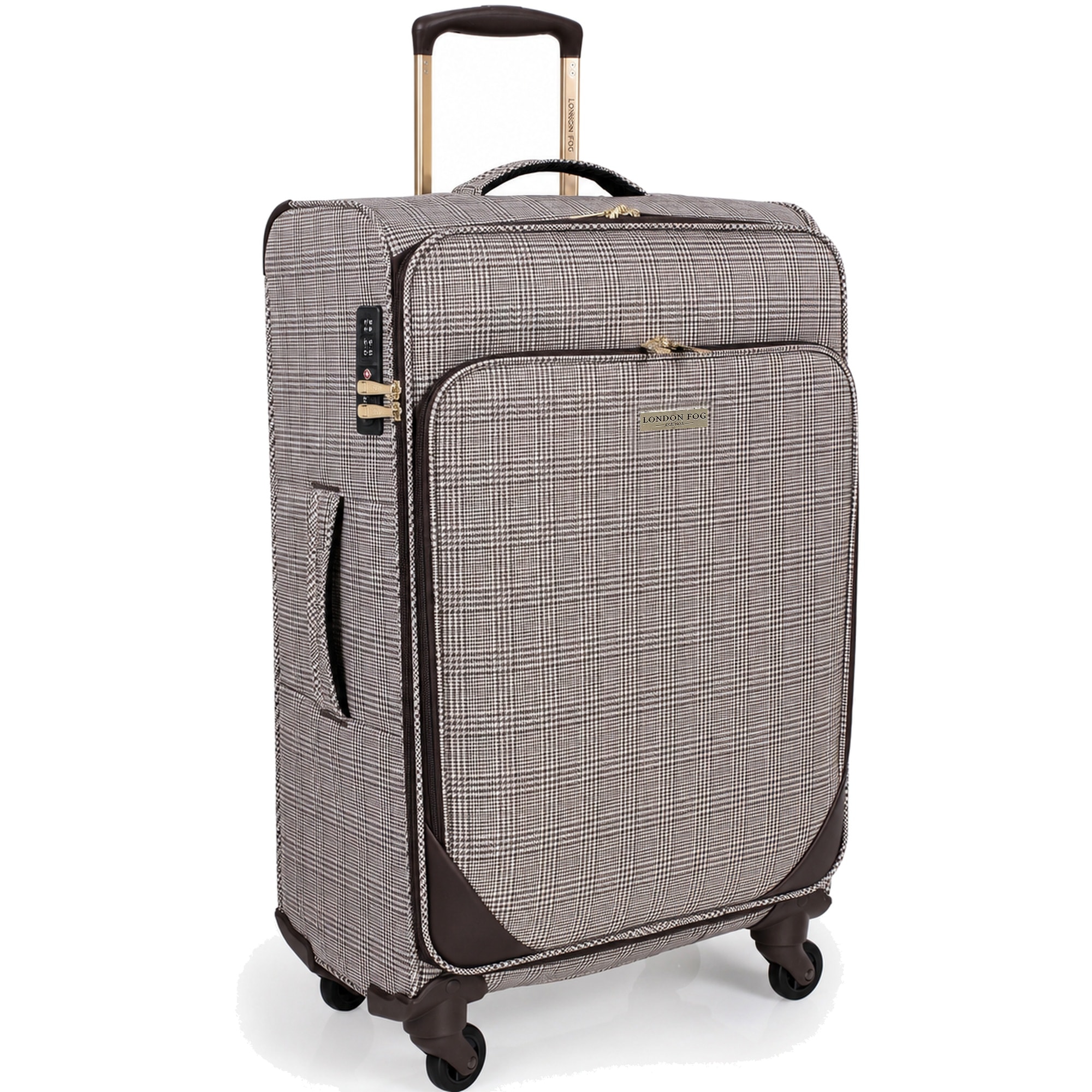 London Fog Camberley Large Soft Shell Suitcase, 4 Wheel Checked Luggage, Brown