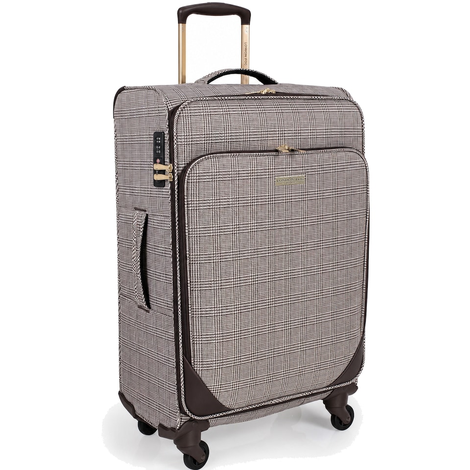 image 1 of London Fog Camberley Large Soft Shell Suitcase, 4 Wheel Checked Luggage, Brown