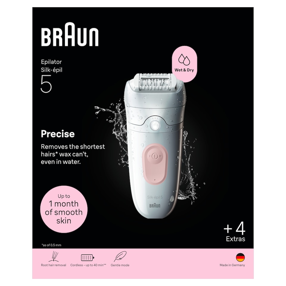image 1 of Braun Silk·épil 5, Wet & Dry Epilator, Easy Hair Removal, Lasting Smooth Skin, 5-041, Flamingo Pink