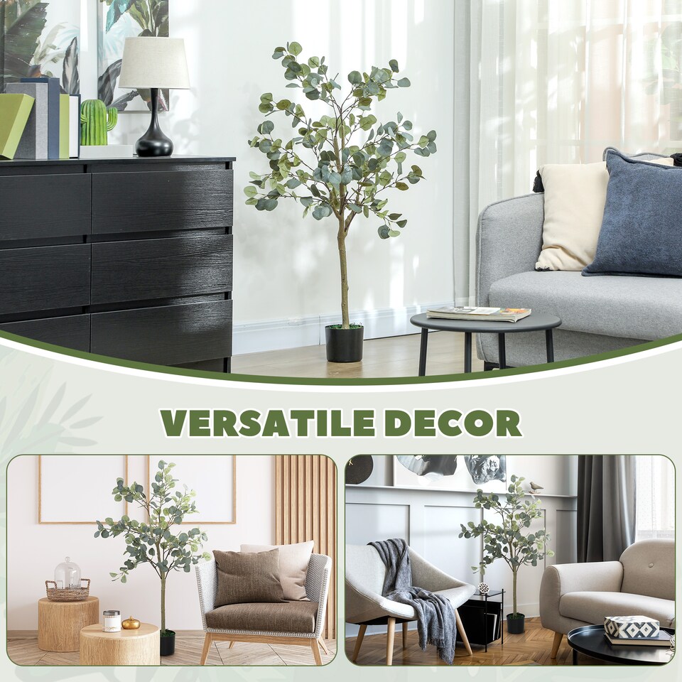 image 1 of HOMCOM Set of 2 Decorative Artificial Tree, 4ft 120cm Silk Eucalyptus Trees with 230 Silver Dollar Leaves in Pot, Fake Plants for Home, Office, Living Room, Indoor Decor | Green