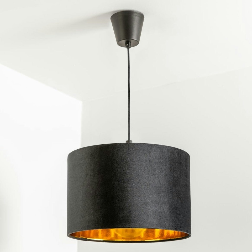 image 1 of CGC NILA Luxury Black Velvet & Gold Inner Round Pendant Drum Lamp Shade Black