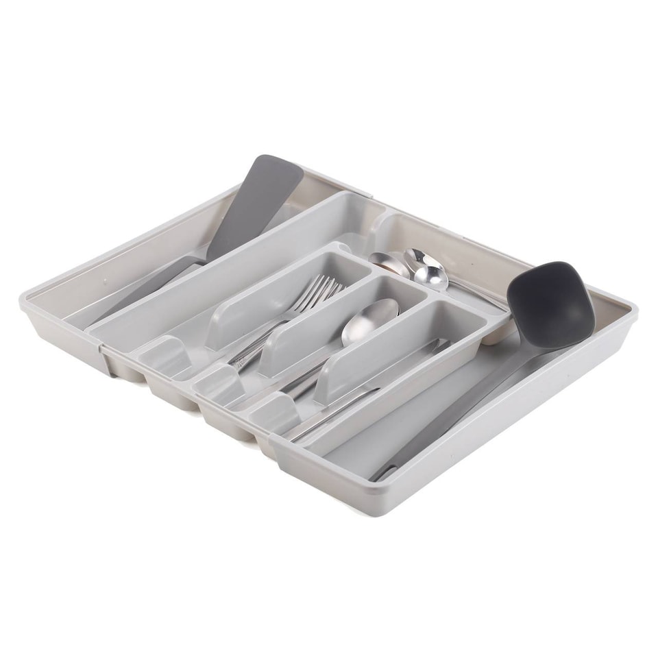 image 1 of 7-Section Extendable Plastic Cutlery Tray Organiser | Grey | 1