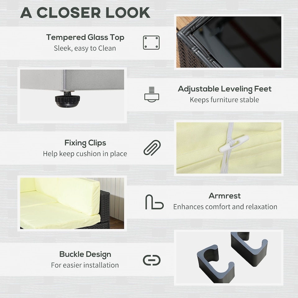 image 1 of Outsunny 7 Pieces PE Rattan Garden Furniture Set with Thick Padded Cushion, Patio Garden Corner Sofa Sets with Glass Coffee Table and Pillows, Buckle Structure, Black