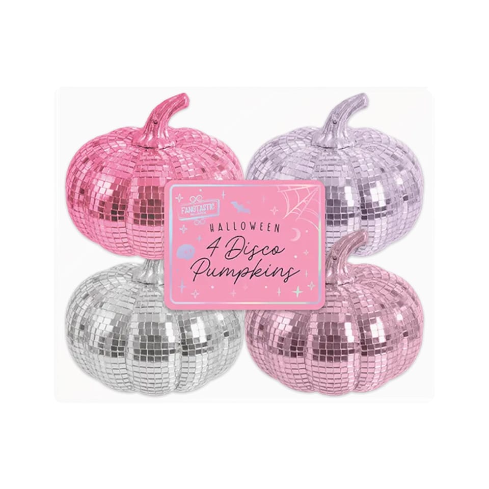 image 1 of Pink, Lilac and Silver Mini Disco Pumpkin Halloween Decorations - Pack of 4