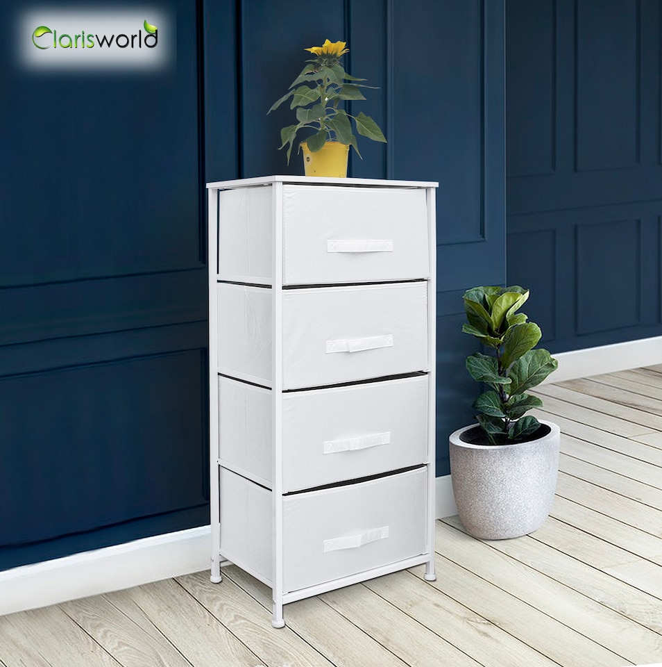 image 1 of Clarisworld 4 Drawer Storage Tower Dresser with Wood Top, Sturdy Steel Frame & Laminated Fabric Drawers, Storage Organiser Unit for Bedroom, Hallway, Entryway, Closet & Office