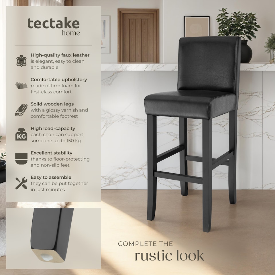 image 1 of Bar Stools with a padded backrest and faux leather cover | Black | black | 41 x 40 x 107 cm | 6