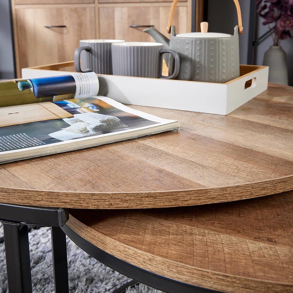 image 1 of Round Nest of 2 Coffee Tables Stackable Side Tables Unit Oak Effect Finish