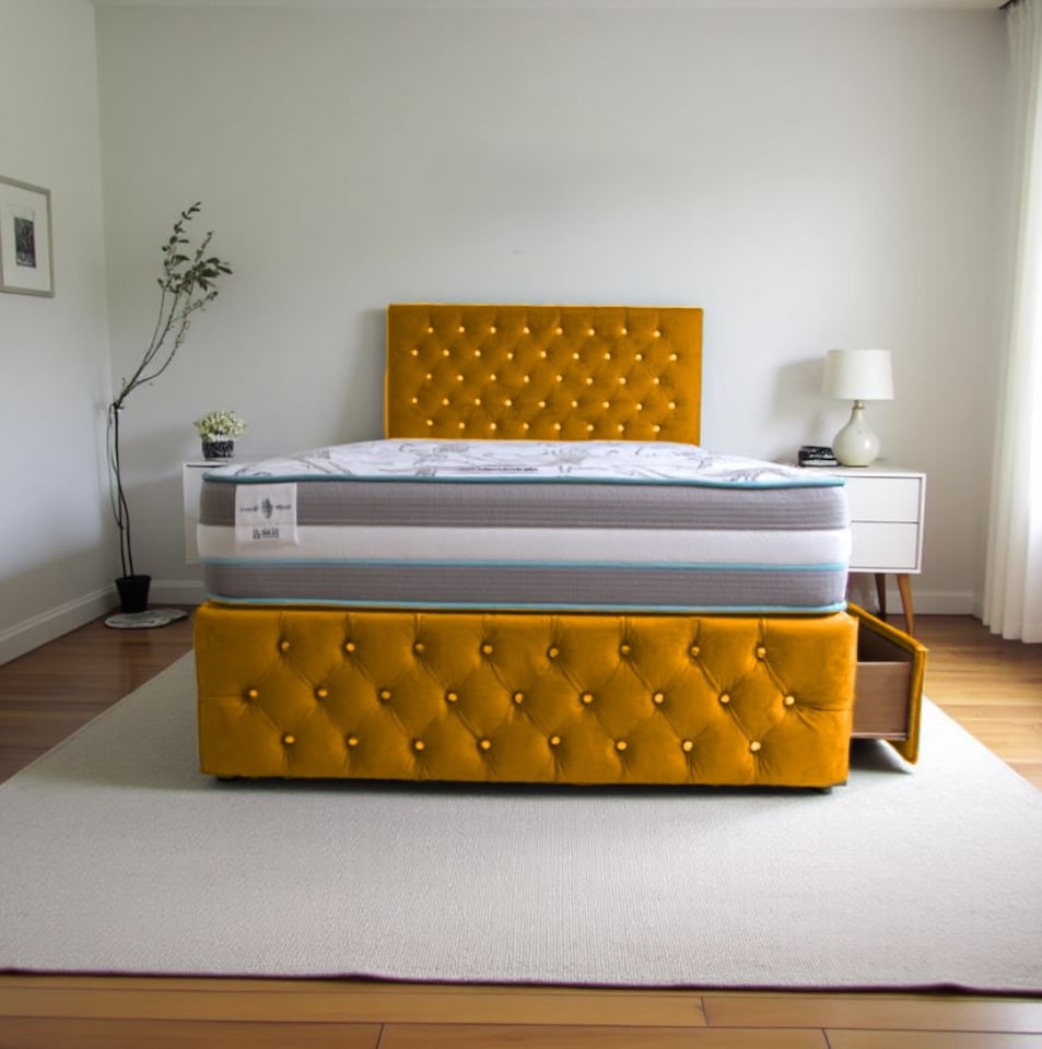 image 1 of Delaware Plush Bed With Mattress, 2 Drawers Same Side & Headboard