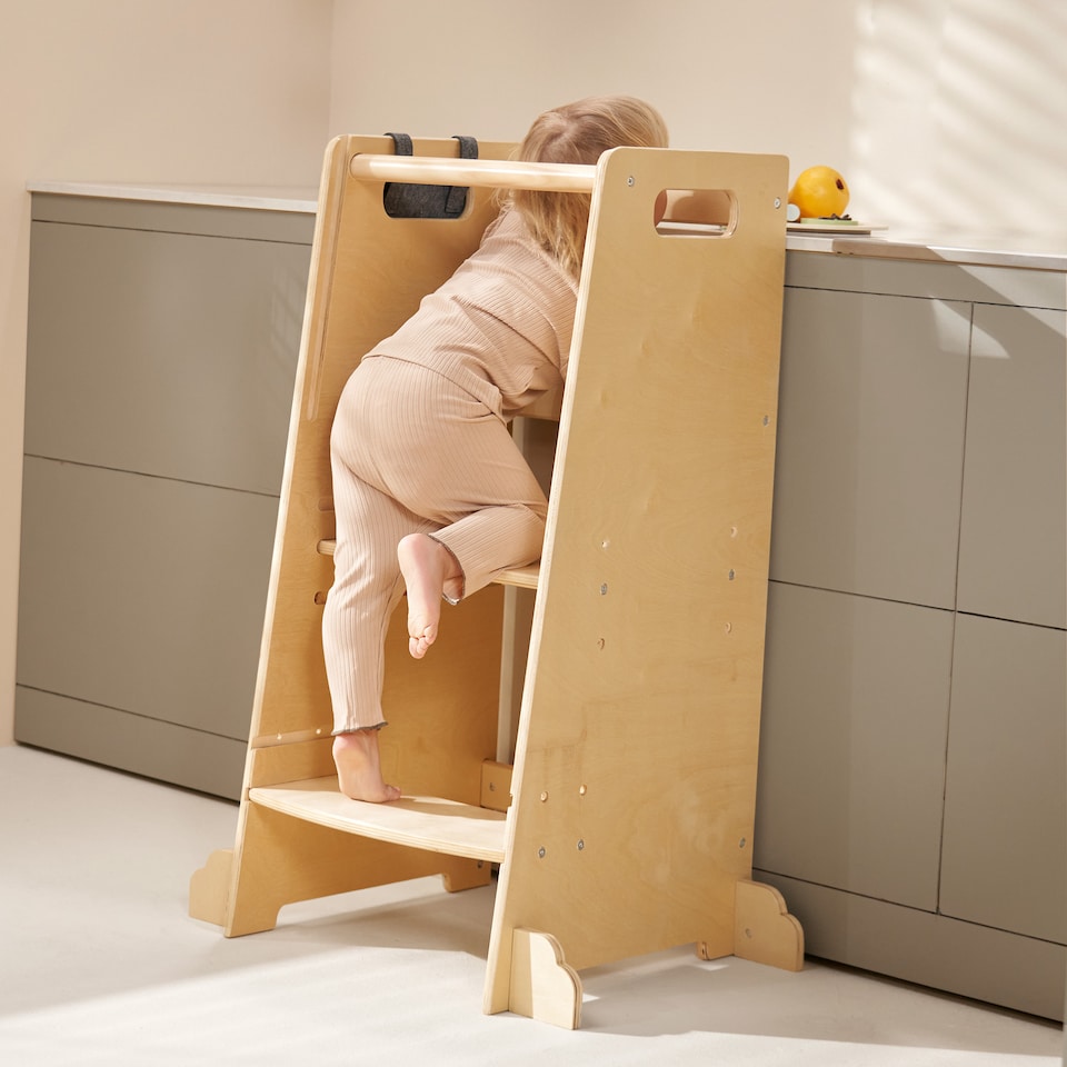 image 1 of Allis Baby Toddler Learning Tower with Adjustable Height and Blackboard | Brown | Natural Wood | One Size | 1