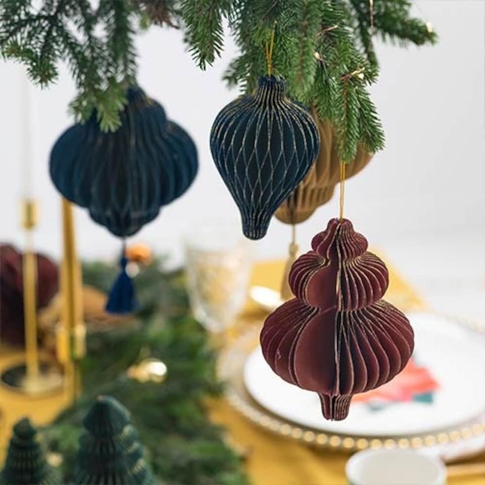 image 1 of Navy Blue Honeycomb Lantern with Tassel Hanging Paper Bauble Decoration 15cm