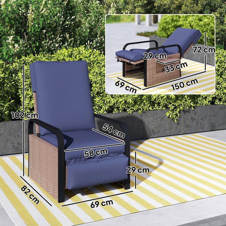 image 1 of Outsunny Rattan Garden Recliner Chair Sun Lounger w/ Side Tray Blue