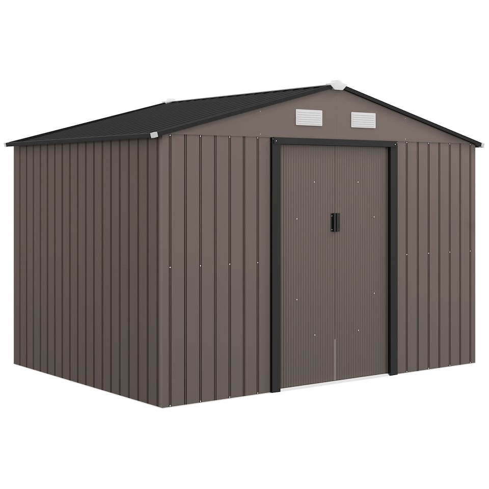 image 1 of Outsunny 9 x 6ft Metal Garden Shed, Outdoor Storage Tool House with Ventilation Slots, Foundation Kit and Lockable Double Doors, Brown