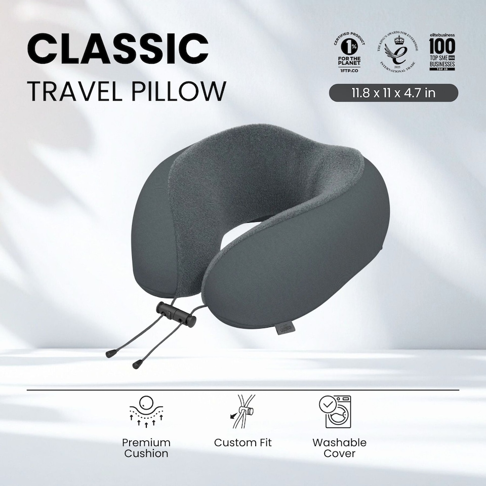 image 1 of CabinZero Classic Travel Pillow, Memory Foam Neck Pillow for Airplane & Travel | Grey | ORIGINAL GREY