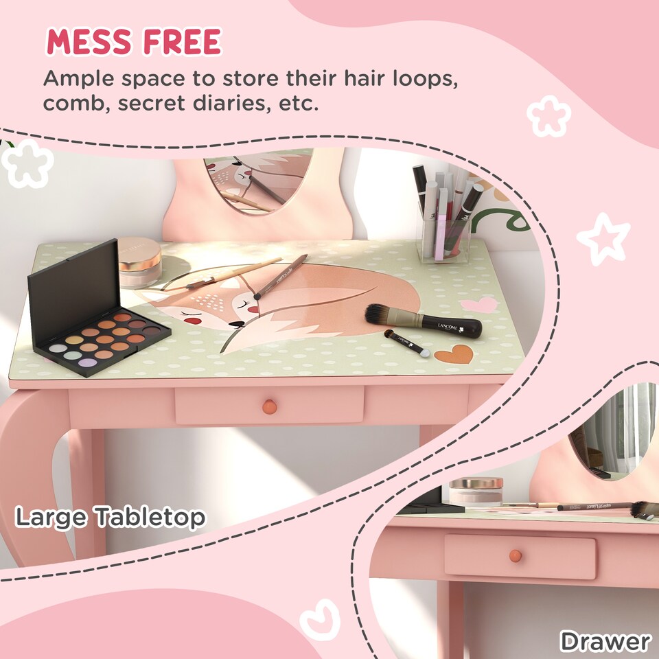image 1 of ZONEKIZ Kids Dressing Table with Mirror and Stool, Girls Vanity Table Makeup Desk with Drawer, Cute Animal Design, for Ages 3-6 Years, Pink