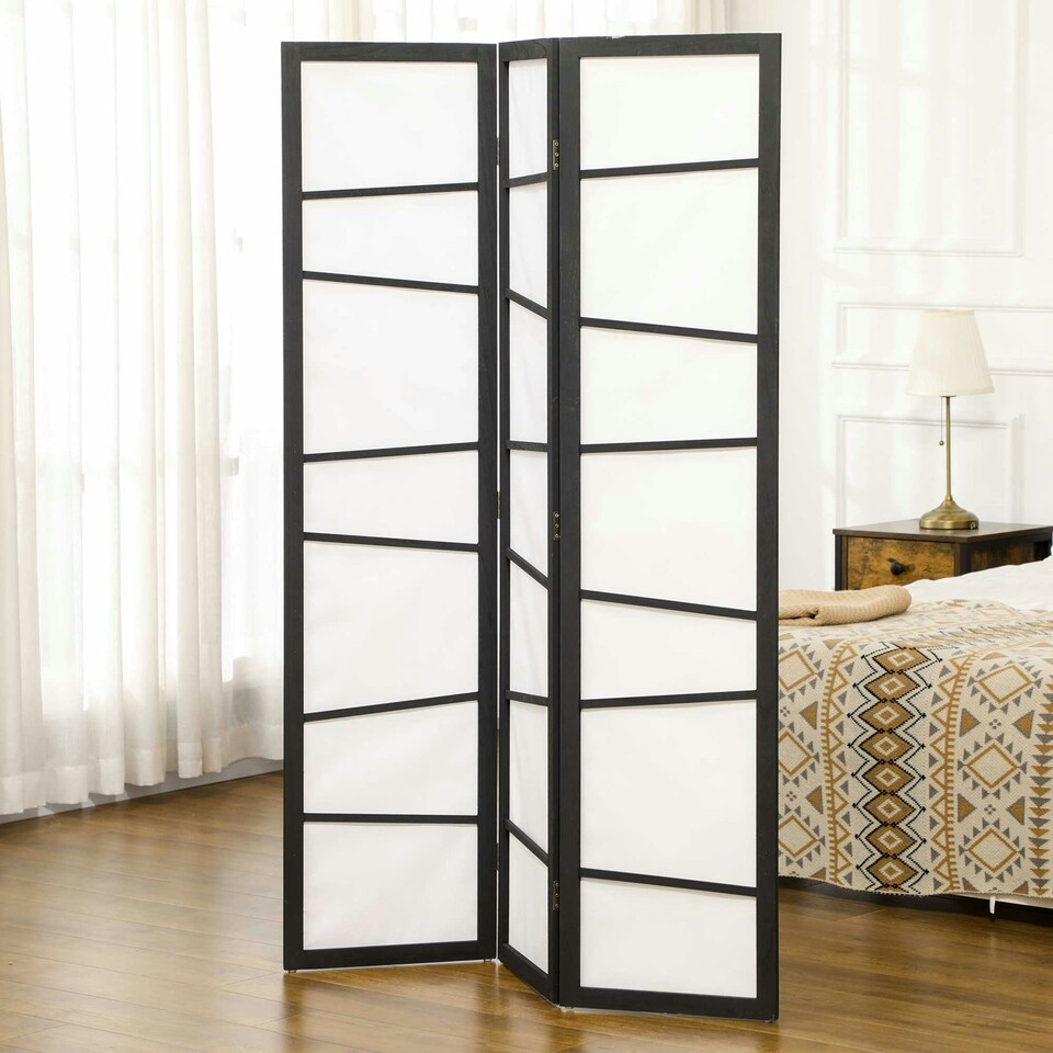image 1 of HOMCOM Folding Room Divider 3 Panel Privacy Screen Protector with Wooden Frame White | Black | 120L x 1.8D x 170Hcm