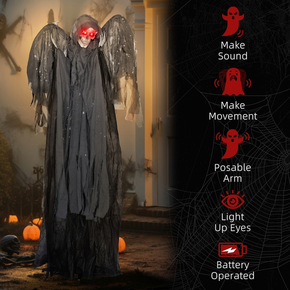 image 1 of HOMCOM Winged Grim Reaper Animatronic Prop w/ Light Up Eyes, for Haunted House