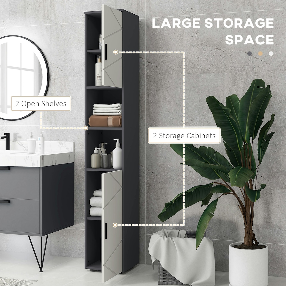 image 1 of kleankin Tall Bathroom Storage Cabinet with Soft Close Mechanism, Grey