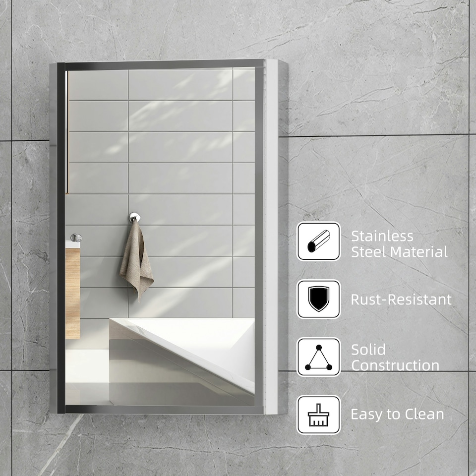 image 1 of HOMCOM Mirror Cabinet Shelves Bathroom Storage Stainless Steel Wall Cabinet