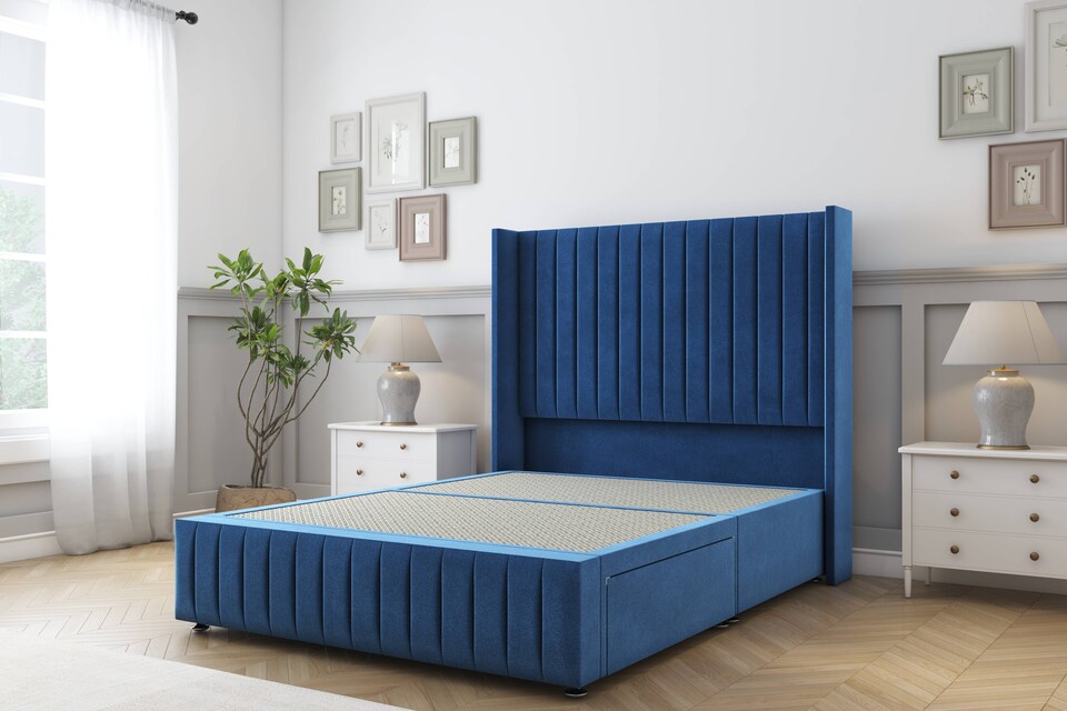 image 1 of Sloomy Marlborough Navy Plush Divan Bed Base No Drawers With 54 Inch Wingback Headboard & 12 Inch Matching Footboard | Blue | Navy | Small Double | 1