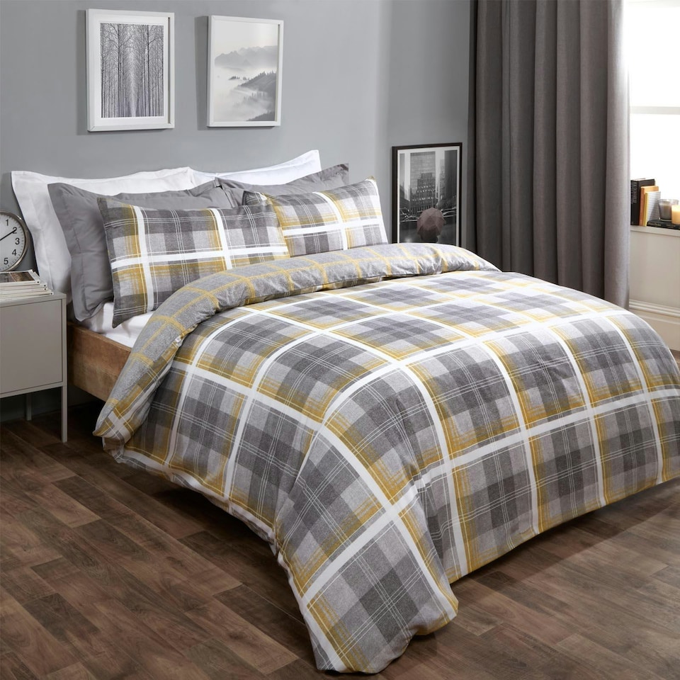image 1 of OHS Denim Check Print Duvet Cover and Pillowcase Set, Single - Ochre Yellow
