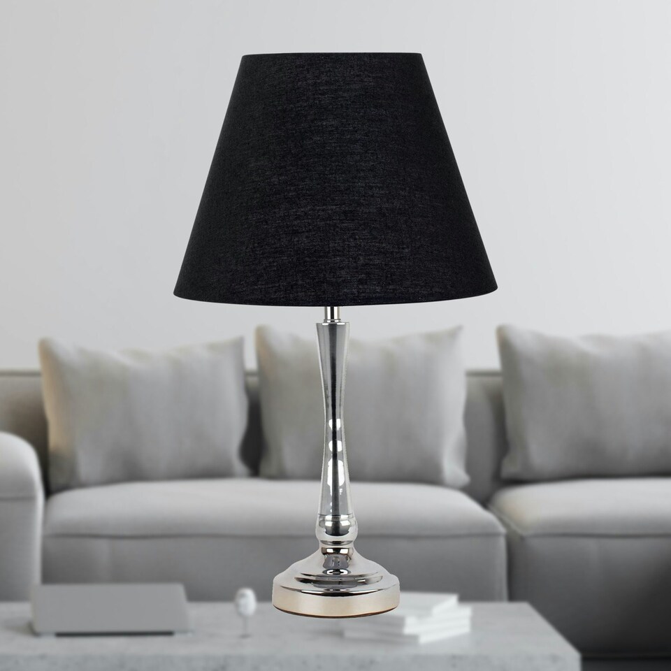 image 1 of Chrome Table Lamp with Stem Detail and Black Shade Chrome | Black
