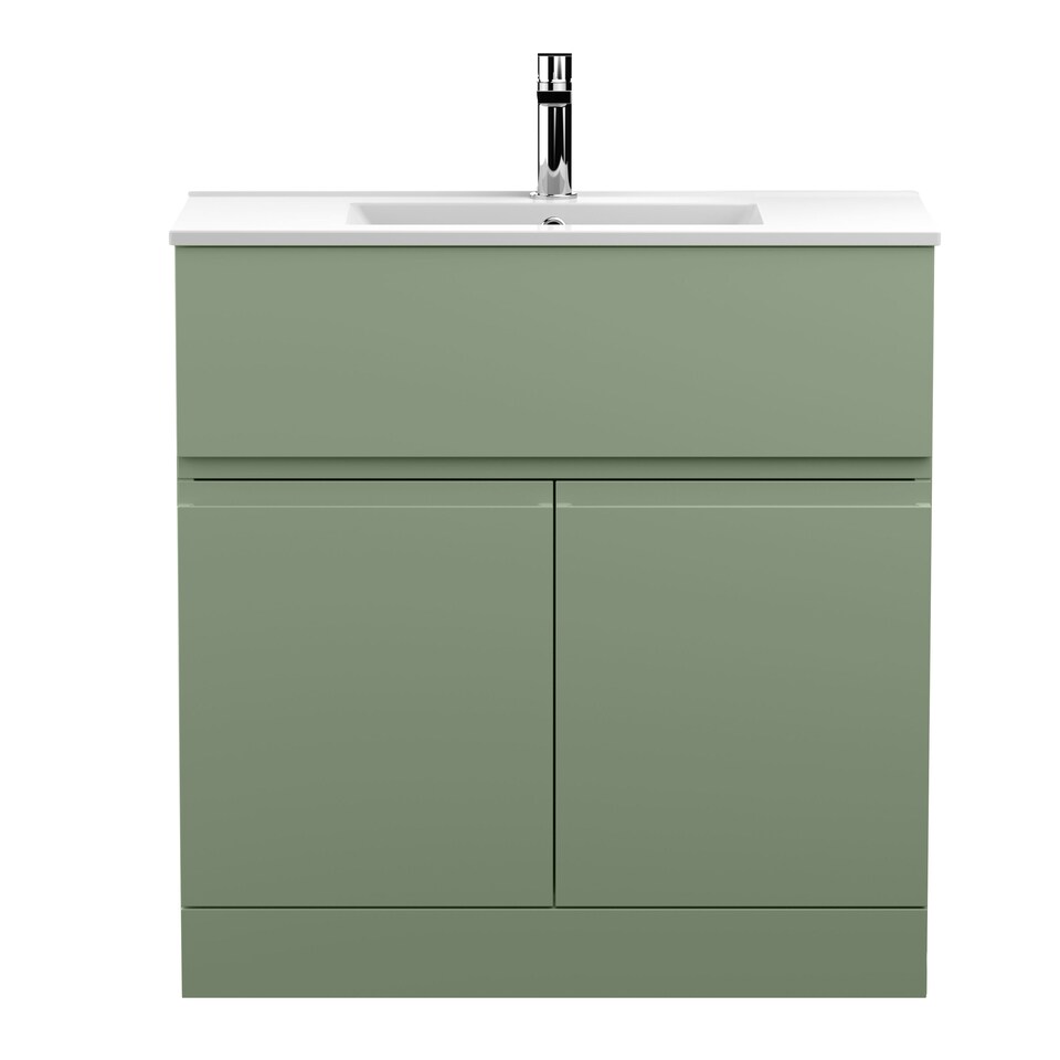 image 1 of Balterley Mavesyn Contemporary 2 Door 1 Drawer Floor Standing Vanity Unit with Minimalist Basin, Satin Green, 800mm