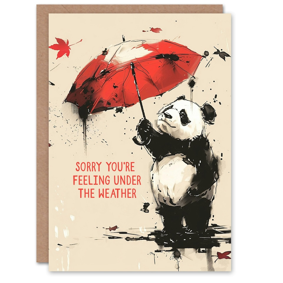 image 1 of Red Umbrella Autumn Kids Bear Panda Get Well Her Card